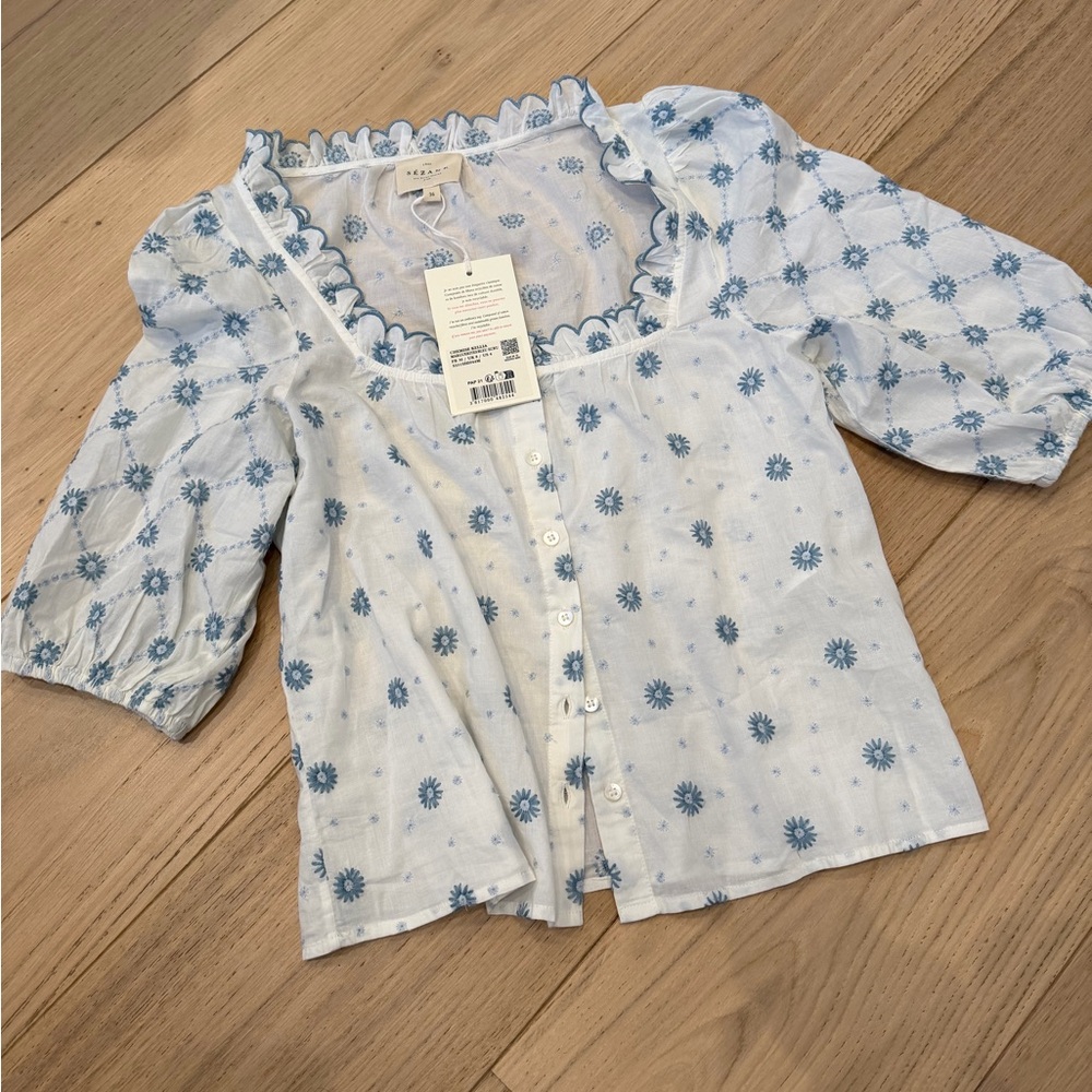 Sezane Kellia Shirt Blue Ecru Daisies - Size 4